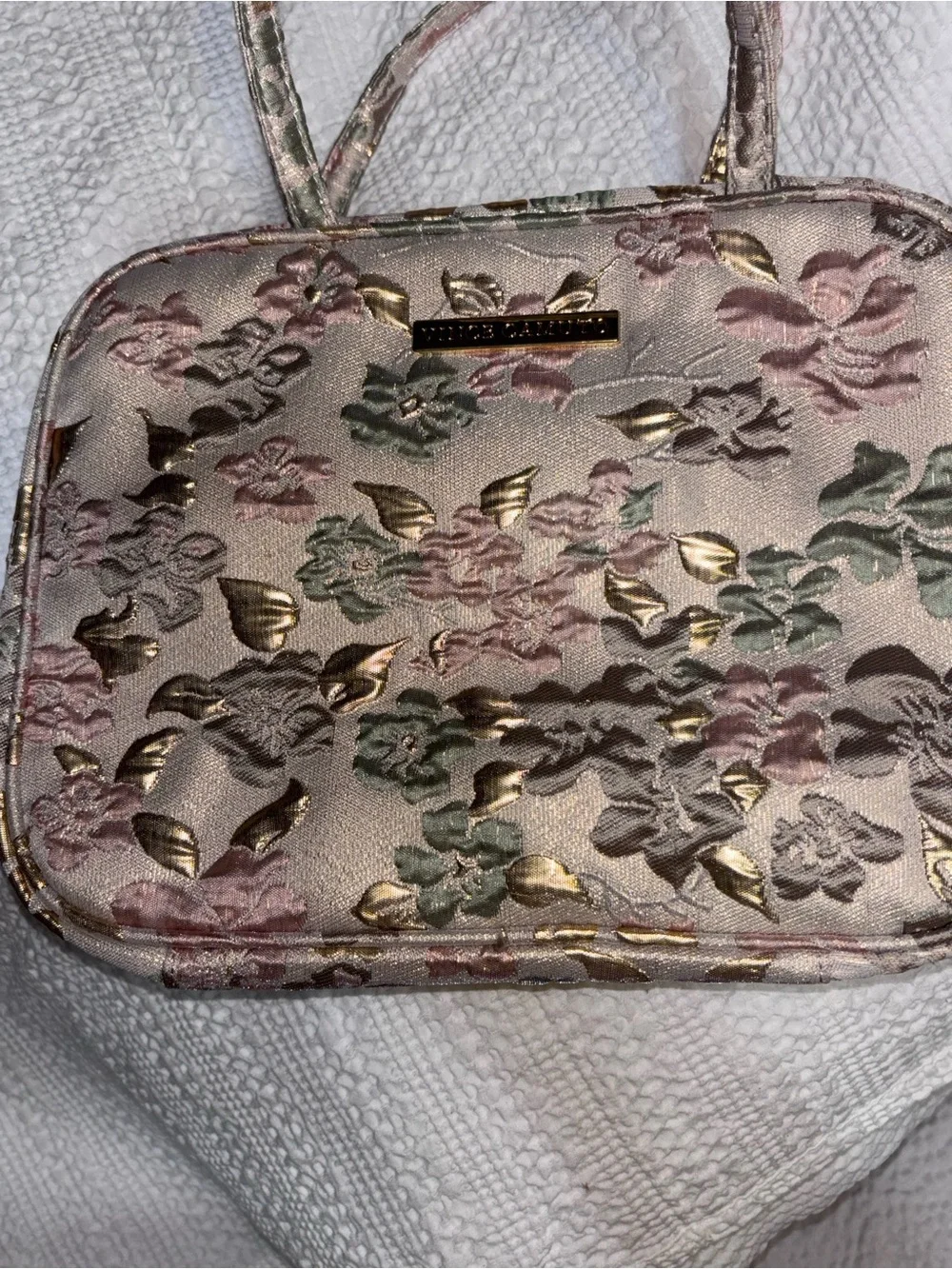 Vince Camuto Floral Jacquard Pink and Gold Women's Hanging Makeup Bag